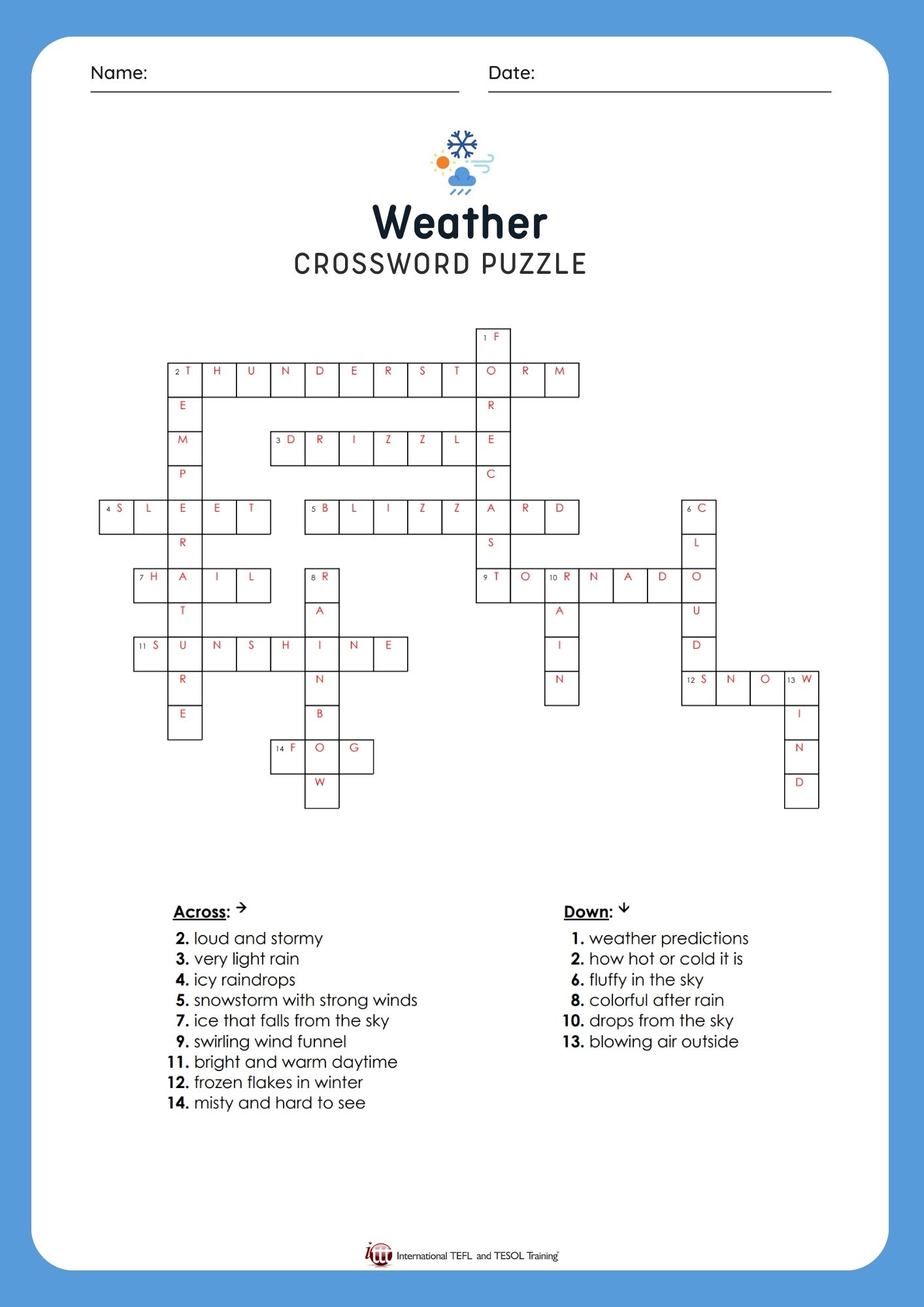 EFL Weather Vocabulary Crossword Puzzle ️ ️ ️ ITTT